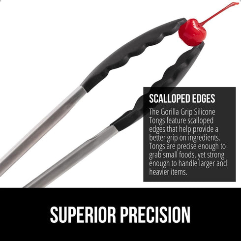Gorilla Grip BBQ Kitchen Tongs Set of 2, 9 and 12 Inch, Black - Heat Resistant, Non Scratch Silicone Tip