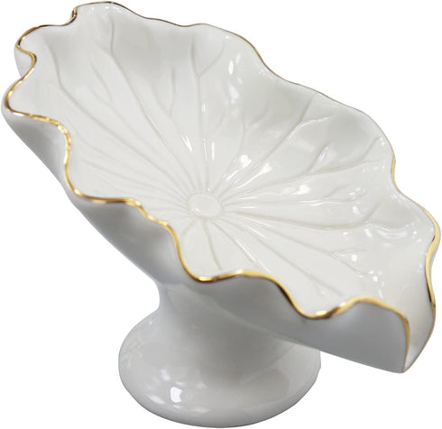 Soap Dish Ceramic White - Lotus Leaf Shape Holder - Self Draining Soap Dish for Bathroom, Kitchen, Bar Counter