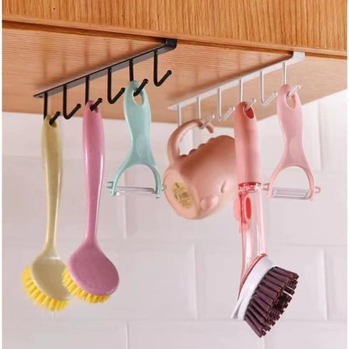 2pcs Multi-Hooks Under Cabinet, 6-Hook Hanging Rack for Kitchen Utensil Cupboard, Nail Free Organizer (Black)