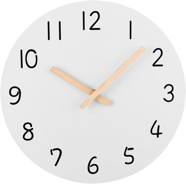 Plumeet 10'' Wooden Wall Clock (White) Small Frameless Clocks with Silent Quartz Movement, Battery Operated