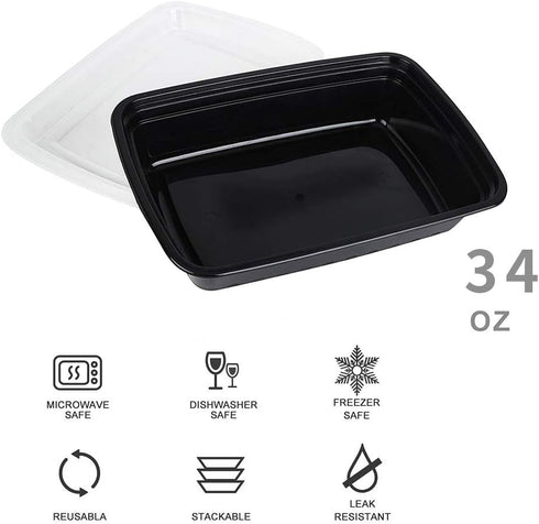 50-Pack Food Prep Containers, 1000ML/34 OZ, Microwavable with Lids, Reusable Plastic Lunch Boxes