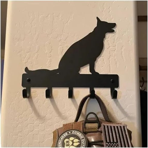 Key Holder Dog Leash Hanger for Wall - German Shepherd Sitting - Large 9 inch Wide with 5 Hooks - Made in USA