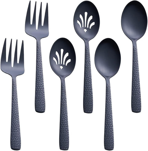 Matte Black Serving Utensil Set, 9.5-inch Stainless Steel Large Serving Spoon and Fork with Satin Finish