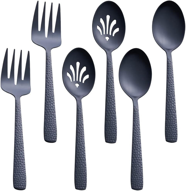 Matte Black Serving Utensil Set, 9.5-inch Stainless Steel Large Serving Spoon and Fork with Satin Finish