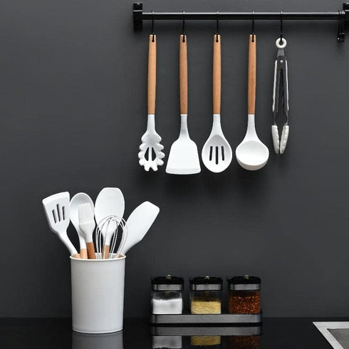 Kitchen Utensils Set, 33 pcs Non-Stick Silicone Cooking Utensils, Heat-Resistant Wooden Gadgets for Cooking, White