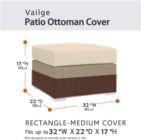 Vailge Rectangle Patio Ottoman Cover, Waterproof Outdoor Ottoman Cover with Padded Handles, Patio End Table Cover