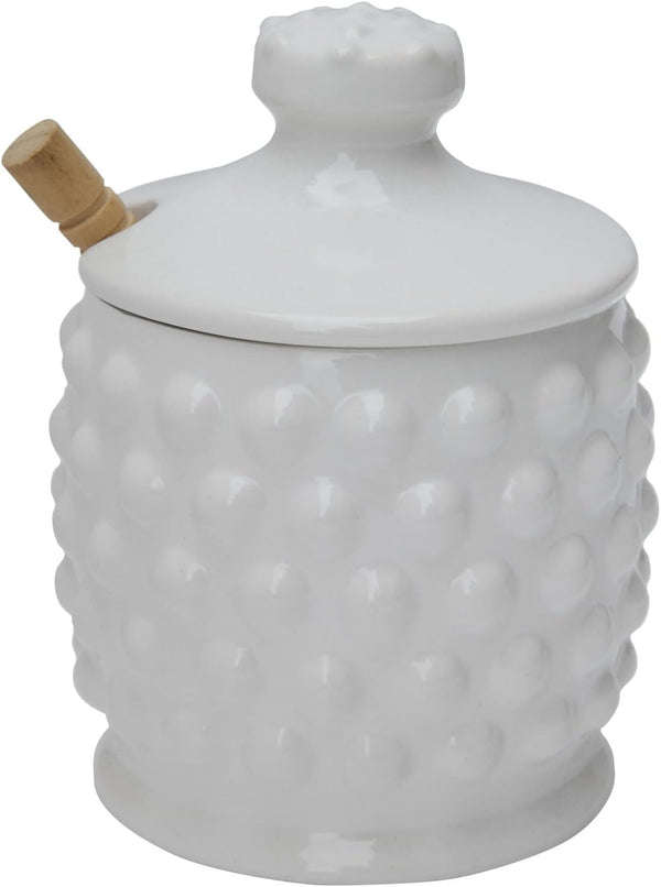 Creative Co-Op White Ceramic Honey Jar with Lid & Wood Dipper, Hobnail Style