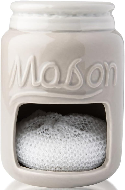 Comfify Ceramic Kitchen Sponge Holder, Farmhouse Style Sink Caddy, Mason Jar Decorative Accessory - Includes Free