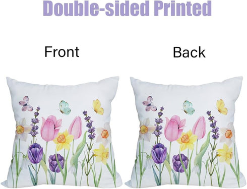 2 Pack Waterproof Spring Floral Pillow Covers, 16x16 Inch Pink Tulip Flower & Lavender Butterfly Outdoor Cushion Case