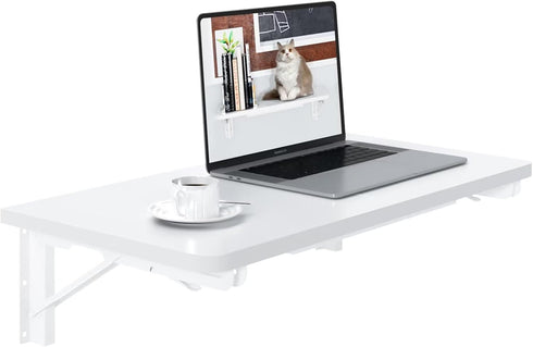 TEAMIX Wall Mounted Desk, White Folding Desk for Small Spaces with Heavy-Duty Brackets
