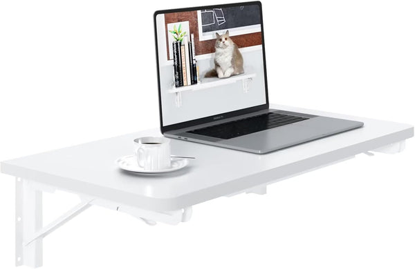 TEAMIX Wall Mounted Desk, White Folding Desk for Small Spaces with Heavy-Duty Brackets