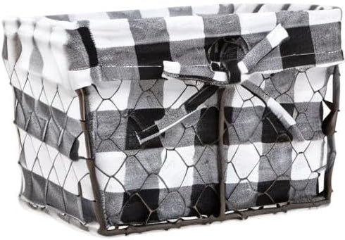 DII Farmhouse Chicken Wire Storage Baskets with Liner – Small, Vintage Black & White Check, 9x7x6", 3 Piece