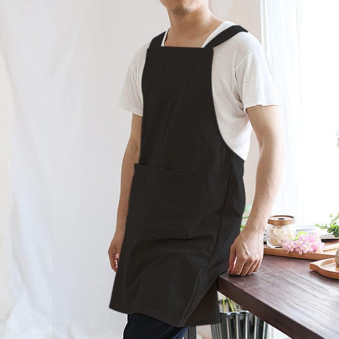 NEWGEM Japanese Linen Cross Back Kitchen Cooking Aprons for Men with Pockets, Black