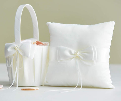 Wedding Flower Girl Basket and Ring Bearer Pillow Set - Simple Bow Pearl Collection, Ivory
