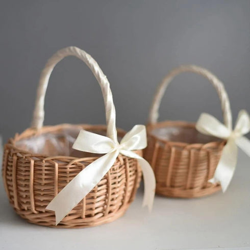 Wicker Rattan Flower Basket, Hand Woven Wedding Flower Girl Basket Decoration, Candy Storage Home Decoration (S, pink)