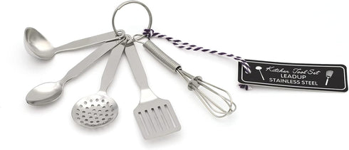 Mini Stainless Steel Kitchen Tool Set with Keychain, Set of 5, Includes Whisk, Spatula, Spoon, Skimmer, Ladle