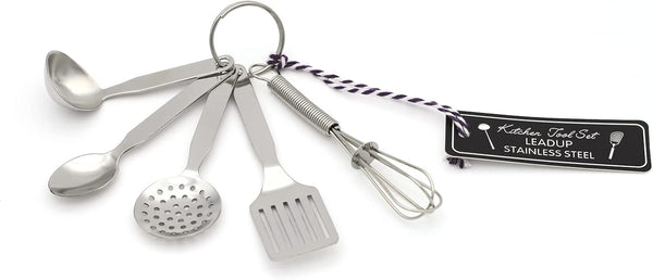 Mini Stainless Steel Kitchen Tool Set with Keychain, Set of 5, Includes Whisk, Spatula, Spoon, Skimmer, Ladle