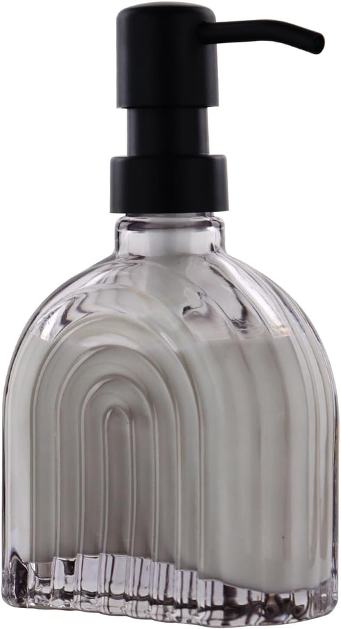Glass Soap Dispenser for Kitchen and Bathroom, Farmhouse Style Liquid Pump (Grey Glass with Black, 4" x 2" x 6-5/8")