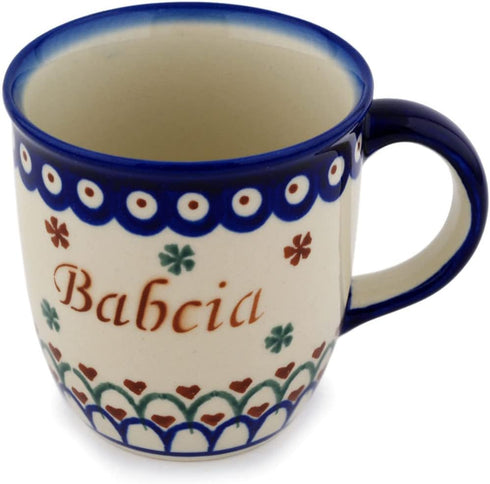 Polish Pottery 11 oz Babcia - Grandma Mug with Hearts and Flowers Theme