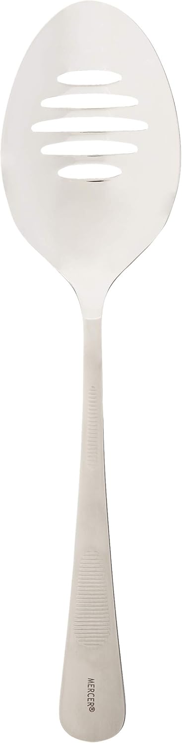 Mercer Culinary 18-8 Stainless Steel Plating Spoon with Slotted Bowl, 9 Inch, Silver