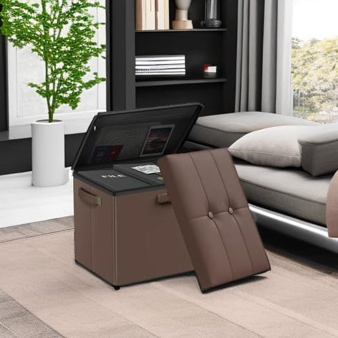 17x13x13in, DocSafe Storage Ottoman Foot Rest Stool with Lock Handle, Fireproof Folding Leather Footstool Bench