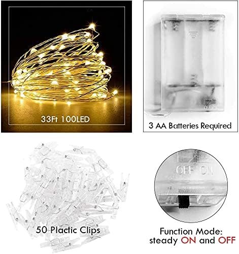 BRYUBR 33Ft 100LED 50 Photo Clip String Light - Fairy Lights with Clips for Pictures With Timer, Photo Light with Clear
