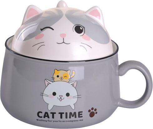 WHJY Cute Ramen Bowl Set, 35 oz Kitty Ramen Cooker with Lid, Microwavable Instant Ramen Noodles Soup Cups, Grey