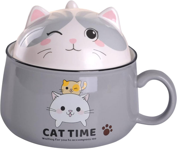 WHJY Cute Ramen Bowl Set, 35 oz Kitty Ramen Cooker with Lid, Microwavable Instant Ramen Noodles Soup Cups, Grey
