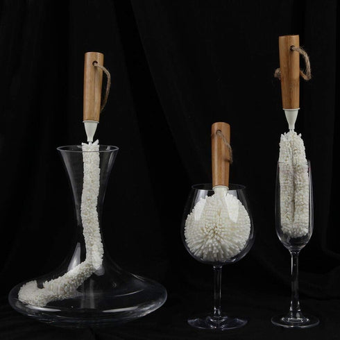 Lily's Home Decanter Cleaning Brush Set, 3 Brushes with Bamboo Handles for Hard to Reach Glassware