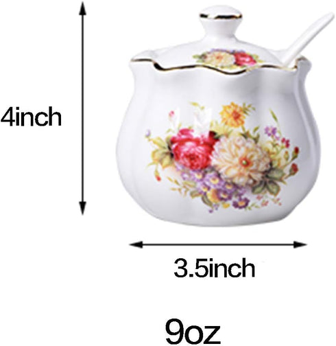 Ceramics Retro Flower Sugar Bowl Spice Jar Storage Seasoning Pot with Lid Spoon by Mozacona