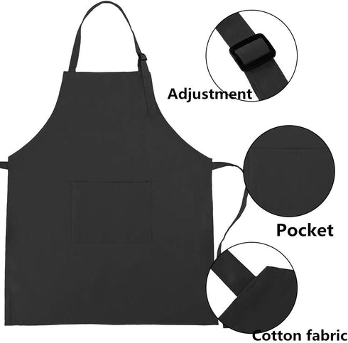 Kids Adjustable Cotton Apron and Chef Hat Set, Large Pocket Black Bibs for Cooking Baking Painting