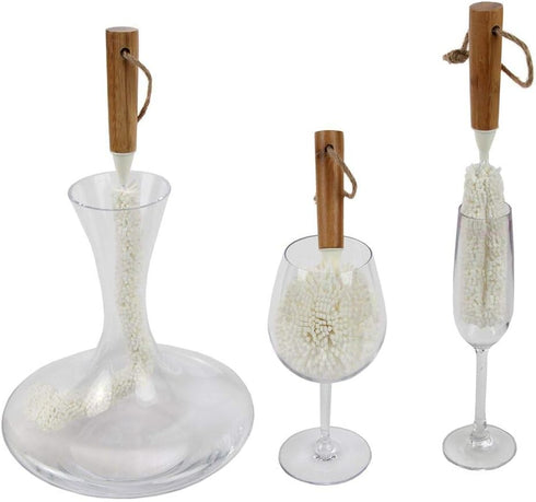 Lily's Home Decanter Cleaning Brush Set with Bamboo Handles, Glassware Cleaning Brushes for Hard to Reach Areas, Ideal for Champagne Flutes, Beer Mugs, Baby Bottles and Narrow Neck Goblets (Set of 3)