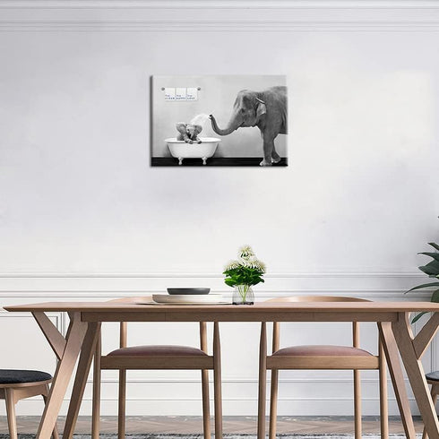 Piy Painting Elephant Bathroom Decor Wall Art, Funny Canvas Prints of Mother and Child Playing Water in Bath Crock