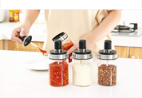 TENTA KITCHEN 3 High Borosilicate Glass Spice Jars, 8.45 oz, Airtight Cap, Premium Commercial Grade, Spoon and Lid
