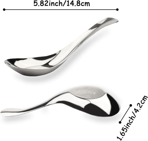 Asian Stainless Steel Soup Spoons Set of 6, Silverware for Ramen, Pho, Wonton, Dumpling Noodles