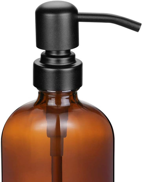 CHBJDAN 2 Pack 16ounce Thick Amber Glass Pint Jar Soap Dispenser with Matte Black Stainless Steel Pump, Boston Round