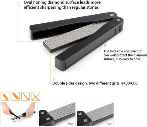 Diamond Knife Sharpener Pocket Sharpening Stone #400/600, Folding Portable Orange - 1pcs