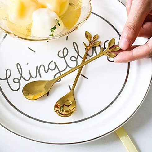 12 pcs Stainless Steel Gold Leaf Coffee Spoon Set, Creative Tableware Dessert Spoons for Ice Cream, Cake, Tea