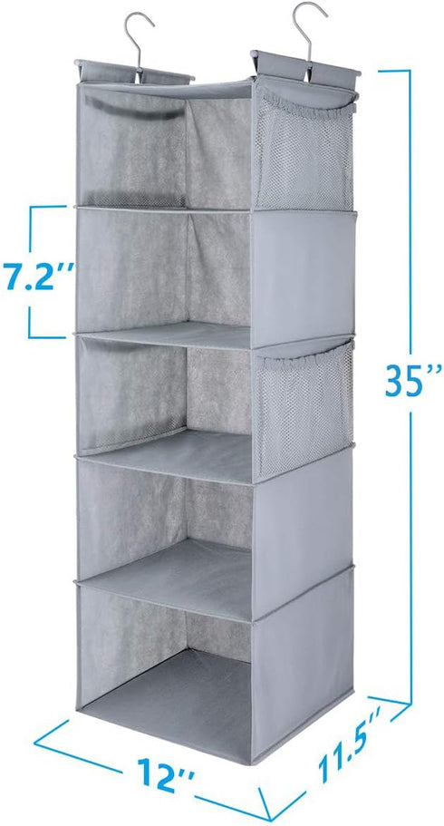 MAX Houser 5 Shelf Hanging Closet Organizer - Space Saver with (4) Side Pockets, Foldable, Light Grey