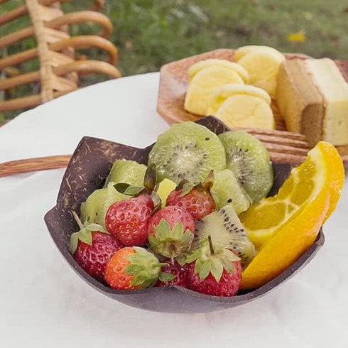 Set of 2 Jumbo Coconut Bowls, 2 Wooden Spoons & 2 Reusable Bamboo Straws - Eco-Friendly, Hand Carved, 100% Natural