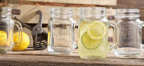 Set 10 16 Oz. Glaver's of Ice Cold Mason Drinking Glasses With Handles. Quality Refreshing Ice Cold Embossed Logo Jars