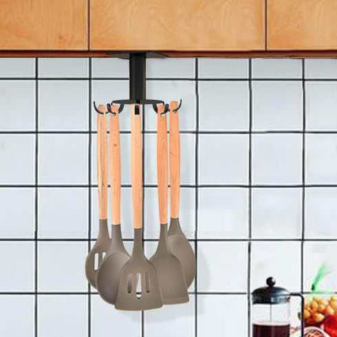 Aosome 360° Rotating Under Cabinet Utensil Holder Hanger - Stainless Steel with 8 Hooks for Kitchen