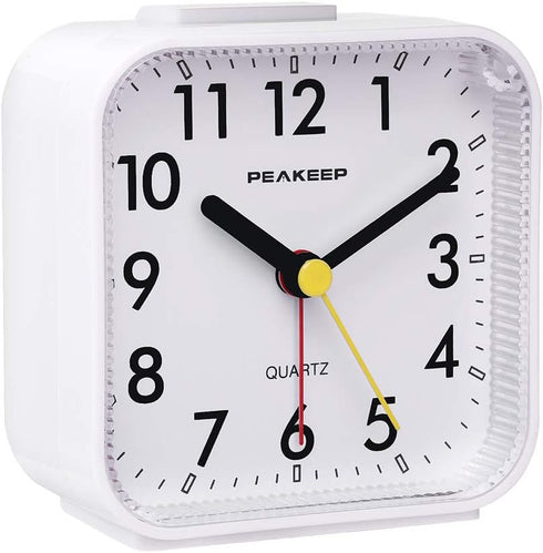 Peakeep Small Battery Operated Analog Travel Alarm Clock, Silent No Ticking with Lighted on Demand and Snooze