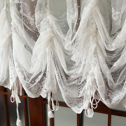 FADFAY Elegant White Lace Embroidered Sheer Balloon Curtains, Adjustable Tie-Up Curtain, 1 Panel, 78''*78''.