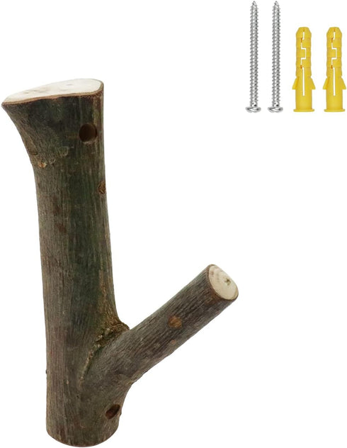 4Pcs 2cm-3cm Real Wood Tree Branch Wall Hook, Farmhouse Rustic Decorative Wooden with Bark Trunk Thickness with Screw