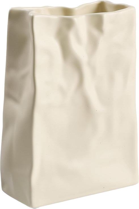 8 Inch Relexome Paper Bag Vase Crinkle Wide Ceramic Flower Vase Cream White Boho Wabi-Sabi Vases, Cute Home Office