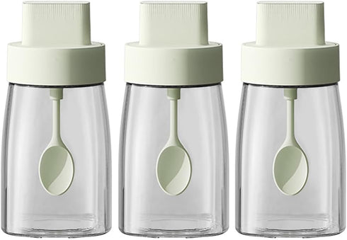 Kitchen Sodium Calcium Glass Spice Jars, Seasoning Box Set of 3 with Airtight Cap, Retractable Spoon and Lid Design
