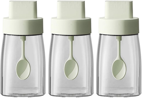 Kitchen Sodium Calcium Glass Spice Jars, Seasoning Box Set of 3 with Airtight Cap, Retractable Spoon and Lid Design