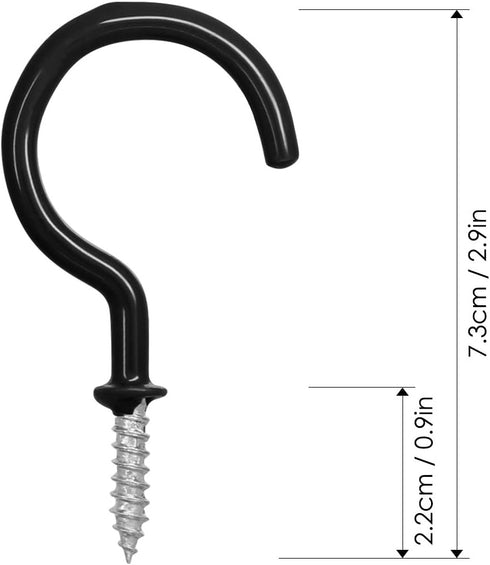 25 Pack Cup Hook Ceiling Hooks, 2.9 Inches, Vinyl Coated Screw-in Hanger for Indoor and Outdoor Use - Black