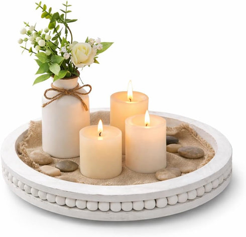 RayNab Farmhouse Round Wooden Beaded Tray 12" Whitewashed Rustic Decorative Wood Tray for